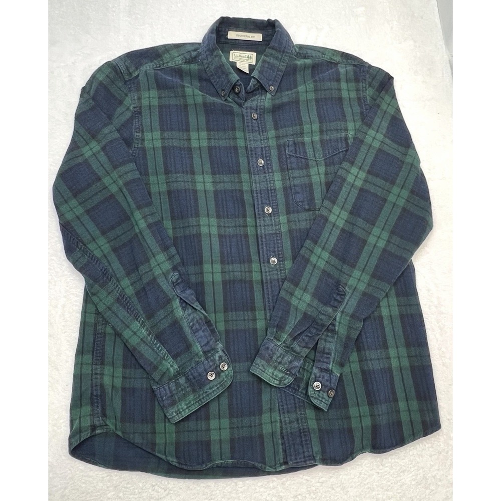 L.L.Bean Traditonal Fit Plaid Flannel Medium Blue Green Long Sleeve Shirt